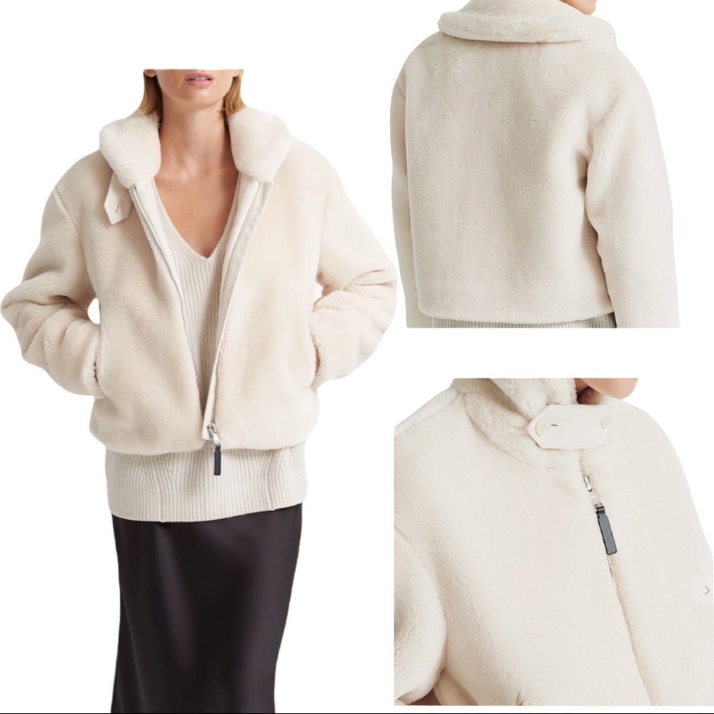 Club Monaco Novah Cropped Faux Fur Teddy Jacket Ivory Standup Collar XS-XL